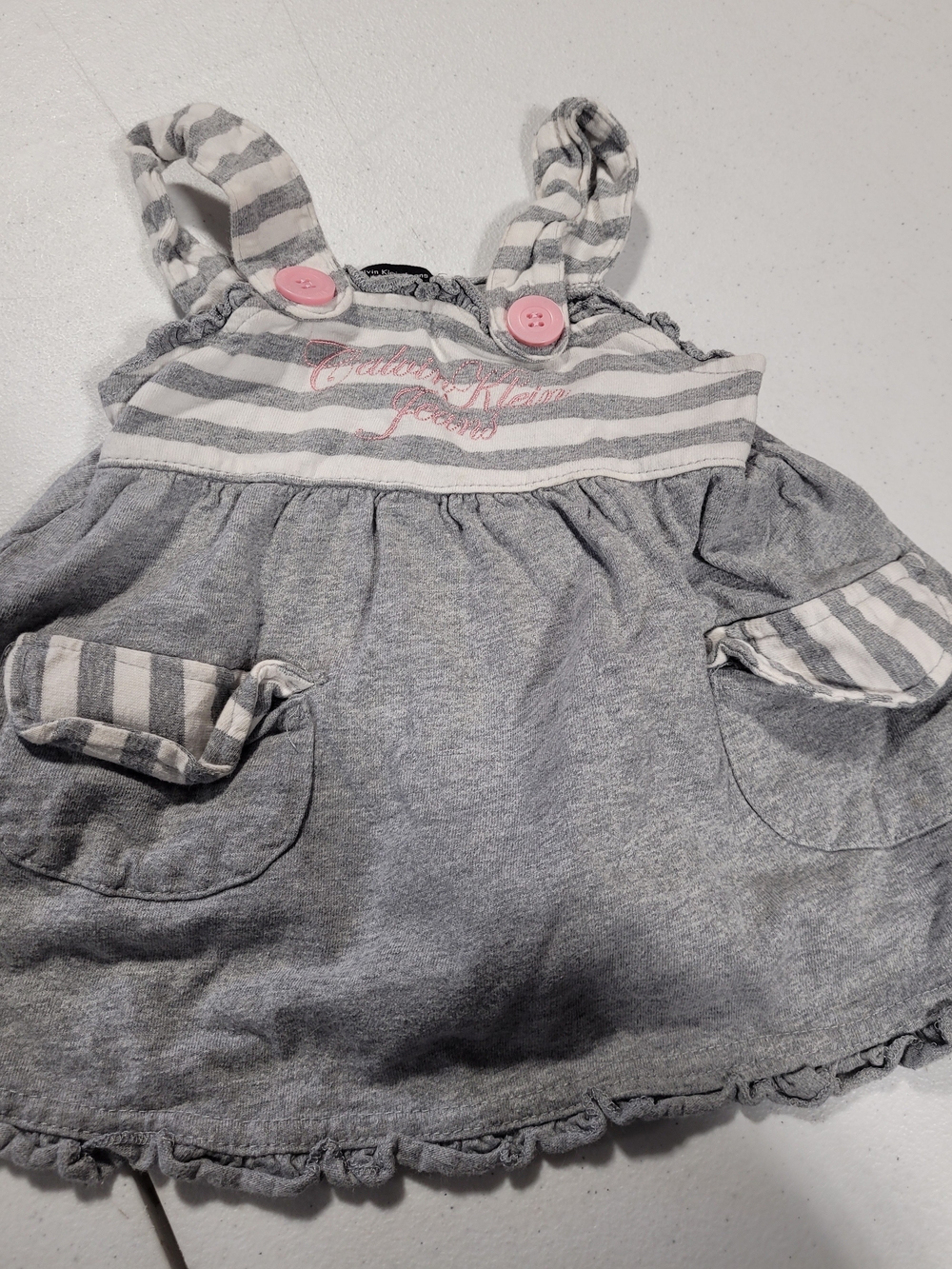 Calvin Klein Jeans Grey & White Striped Top with Pink Accents